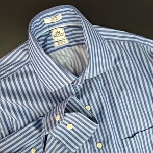 Peter Millar Nanoluxe Mens 15.5 Long  Button Up Blue Striped Cotton New